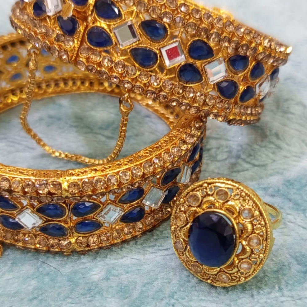 Lustrous Blue & Champagne Stones With Cut Glass Bracelet Set & A Matching Ring